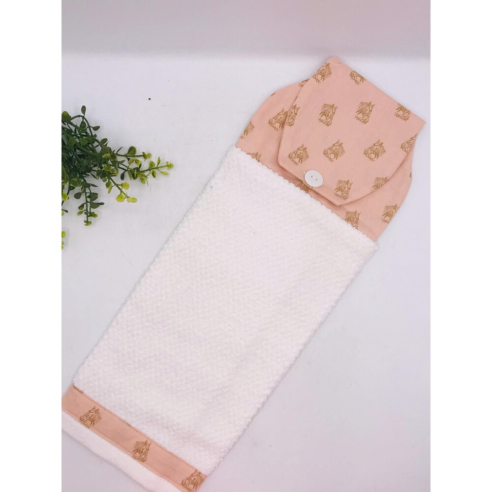 Hanging Kitchen Towel: Pink with Gold Horses Topper, Button Closure
